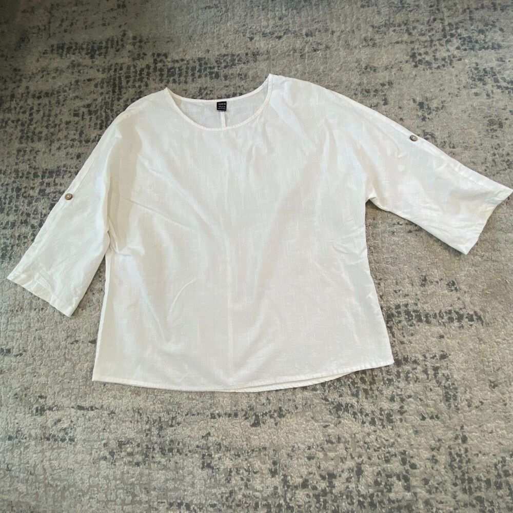 SHEIN Women L White Roll Tab Sleeve Button Scoop Neck Lightweight Blouse Top